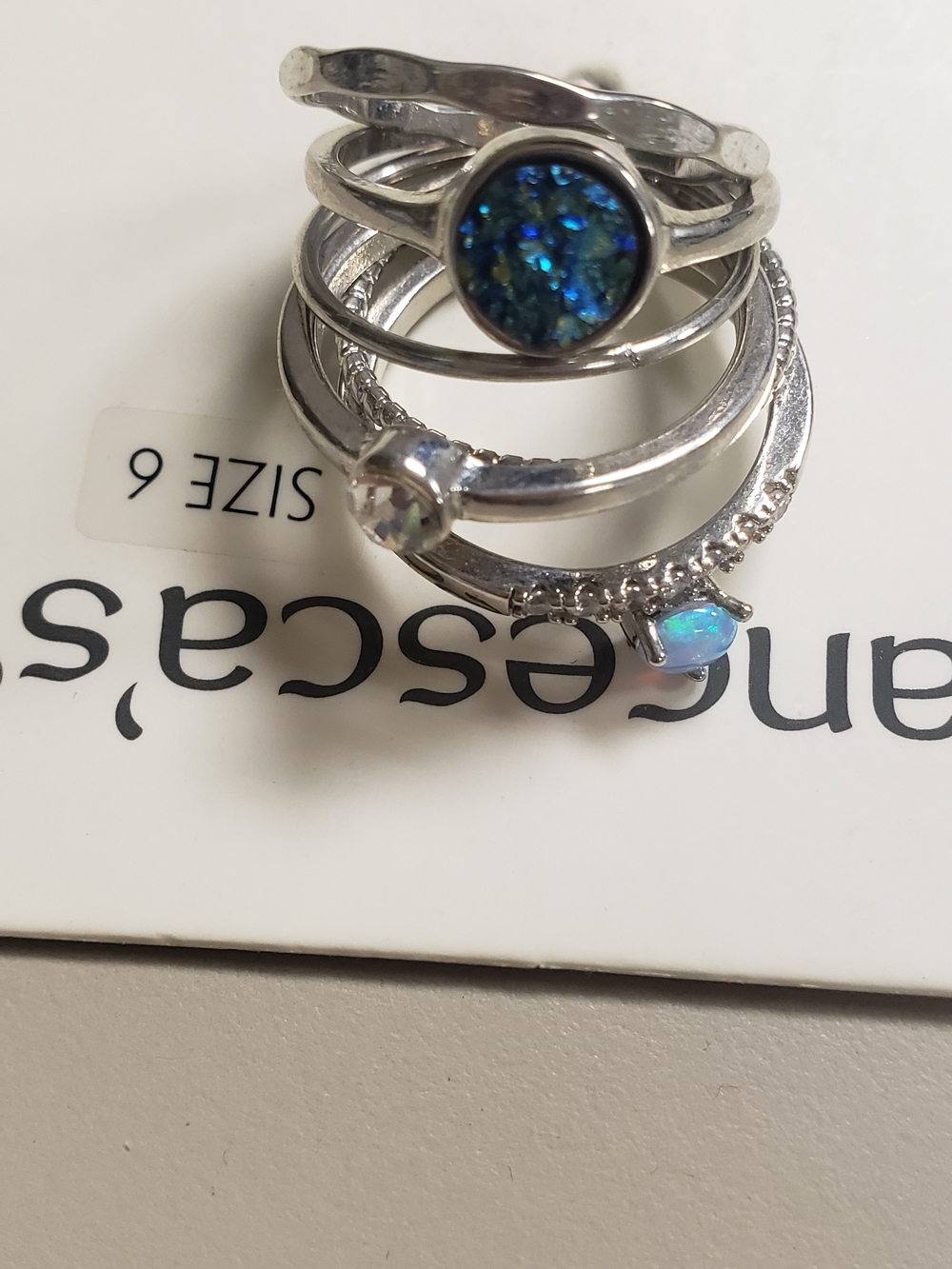 Silver Tone Stackable Ring Set with Blue Druzy and Opal Accents - Size 6